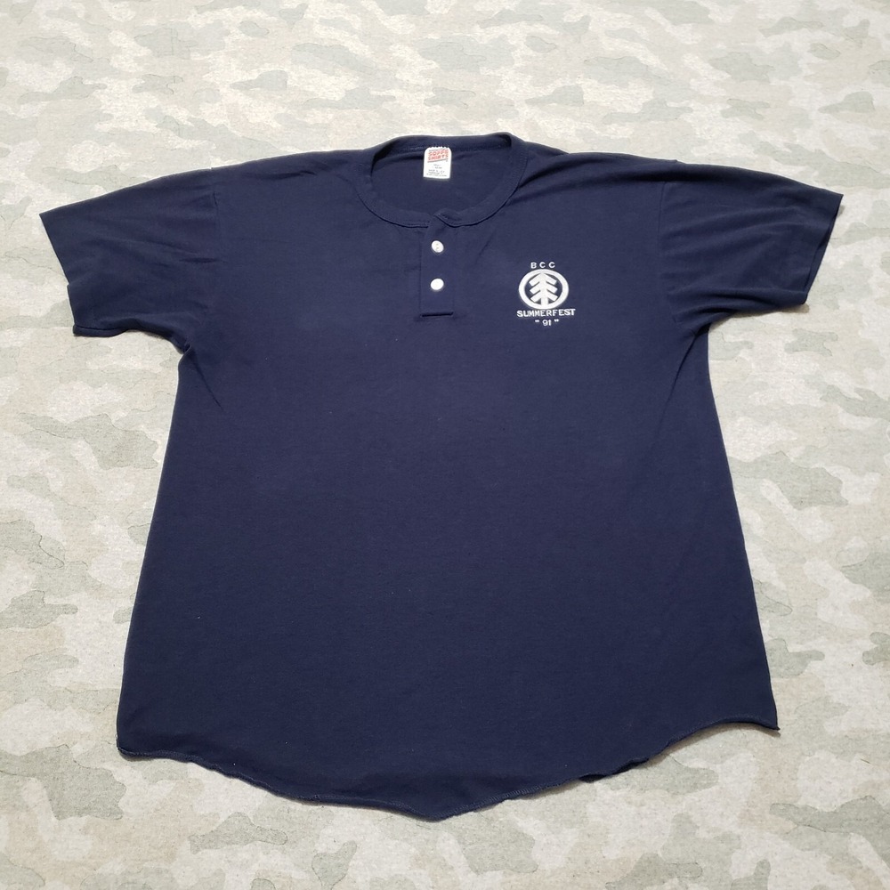 Vintage Soffe Shirt Henley Mens Large Blue Made In‎ USA Short Sleeve Summer Fest